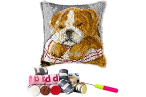 DL-YTG Latch Hook Kits Pillow Dog Crochet Yarn Cushion Colour Pre-Printed Canvas Rug Needlework DIY Pillowcase Hook and Latch Kit Christmas Home Arts Crafts Sofa Decoration 42x42cm/16X16inch