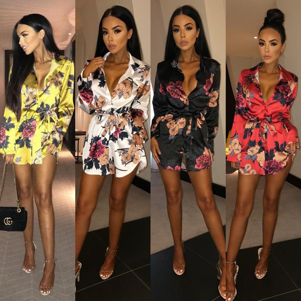 Women\'s Floral Print Belted Blouse Button Down Shirt Dress Long Sleeve Irregular Hem Small Yellow