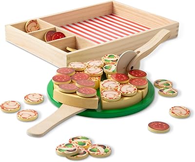 Melissa & Doug Wooden Pizza Kitchen Role Play Set 6 slices 50 toppings
