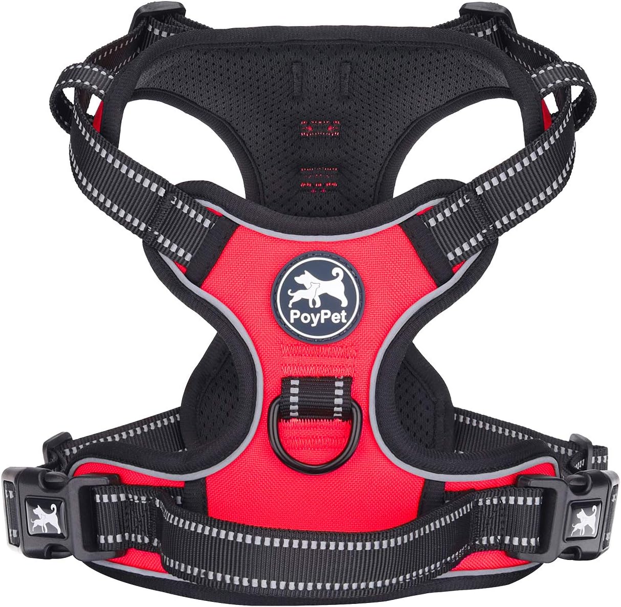 PoyPet No Pull Dog Harness, Reflective Vest Harness with 2 Leash Attachments and Easy Control Handle for Small Medium Large Dog(Red,M)