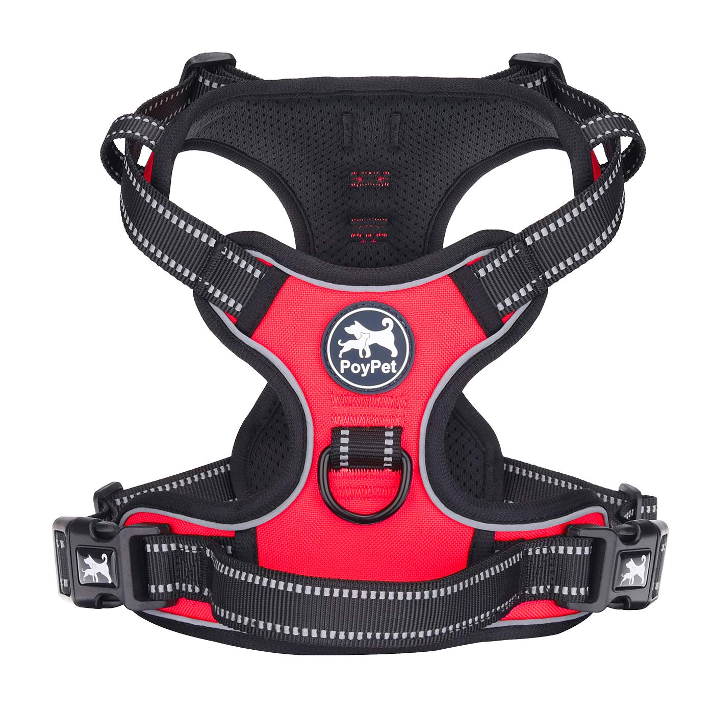 PoyPet No Pull Dog Harness, Reflective Vest Harness with 2 Leash Attachments and Easy Control Handle for Small Medium Large Dog(Red,S)
