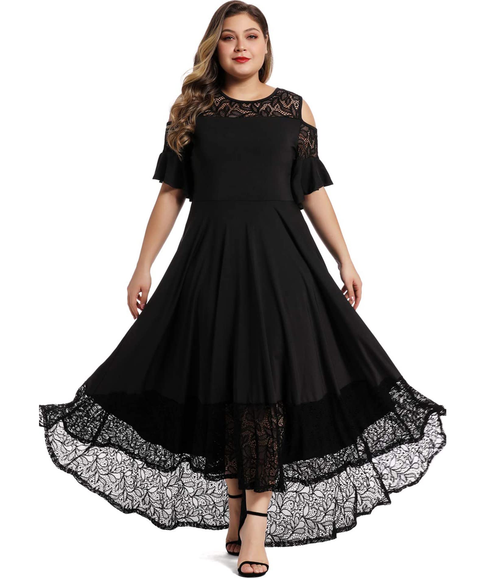 Photo 1 of ***CORRECT ITEM***LALAGEN Womens Plus Size Casual Lace Cold Shoulder Long Plain Evening Party Maxi Dress Black 1X