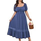 SCOMCHIC Women's Plus Size Dresses Summer Milkmaid Short Sleeve Square Neck A Line Lace Trim Boho Maxi Dress