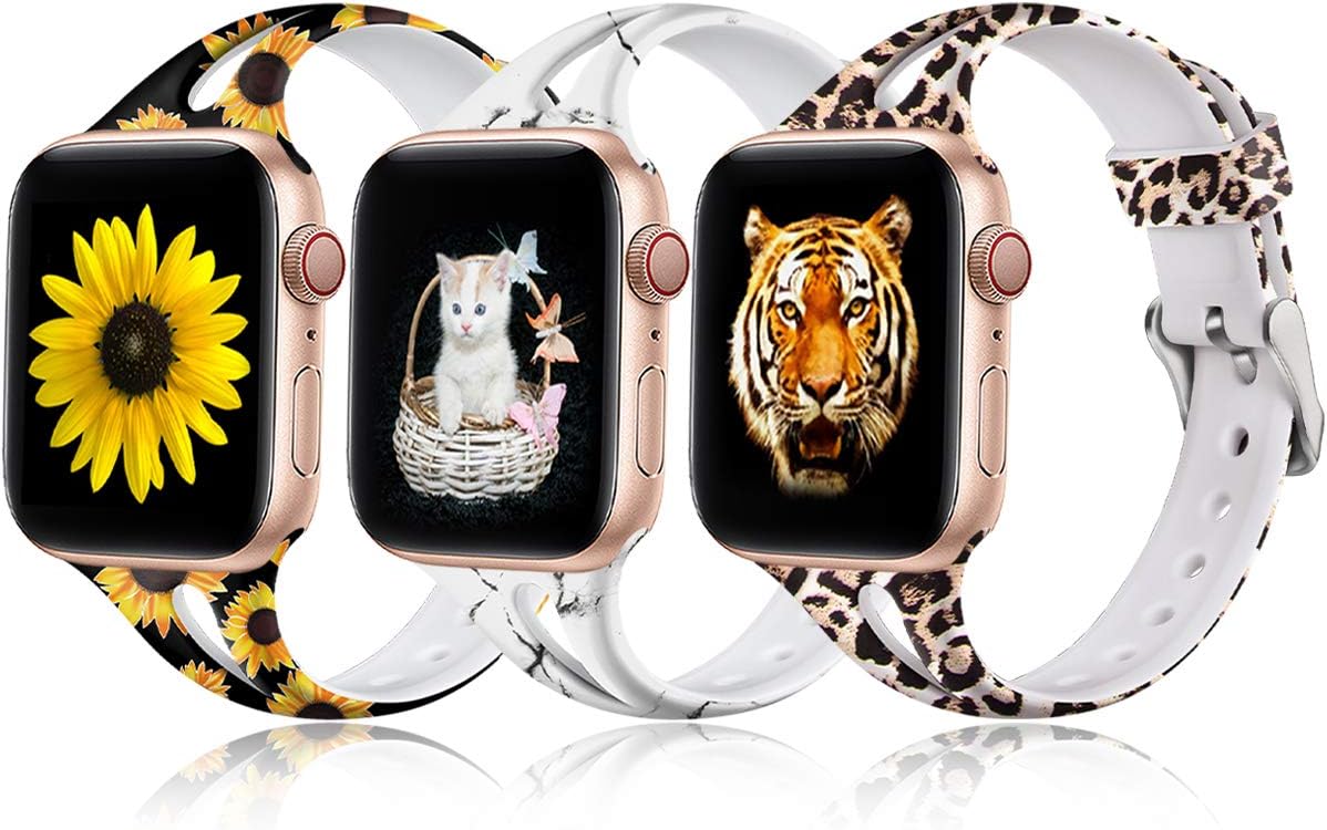 ZAROTO Leopard Bands Compatible for Apple Watch Series 6 40mm Series 5/4 Women, 38mm iwatch Bands for Apple Watch SE, Cute Slim Soft Silicone Print S/M 3Pack (Black Sunflower/Leopard/White Marble)