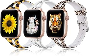 ZAROTO Leopard Bands Compatible for Apple Watch Series 6 40mm Series 5/4 Women, 38mm iwatch Bands for Apple Watch SE, Cute Slim Soft Silicone Print S/M 3Pack (Black Sunflower/Leopard/White Marble)