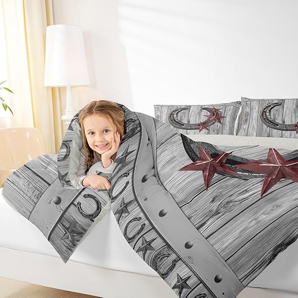 CASTLE FAIRY GREY RUSTIC BARN BEDDING SET FULL SIZE WESTERN COWBOY HORSESHOE COMFORTER SET FOR KIDS BOYS ADULTS TEENS ROOM DECOR VINTAGE FARMHOUSE WOODEN QUILT SET STAR HORSESHOE DUVET INSERT 3PCS