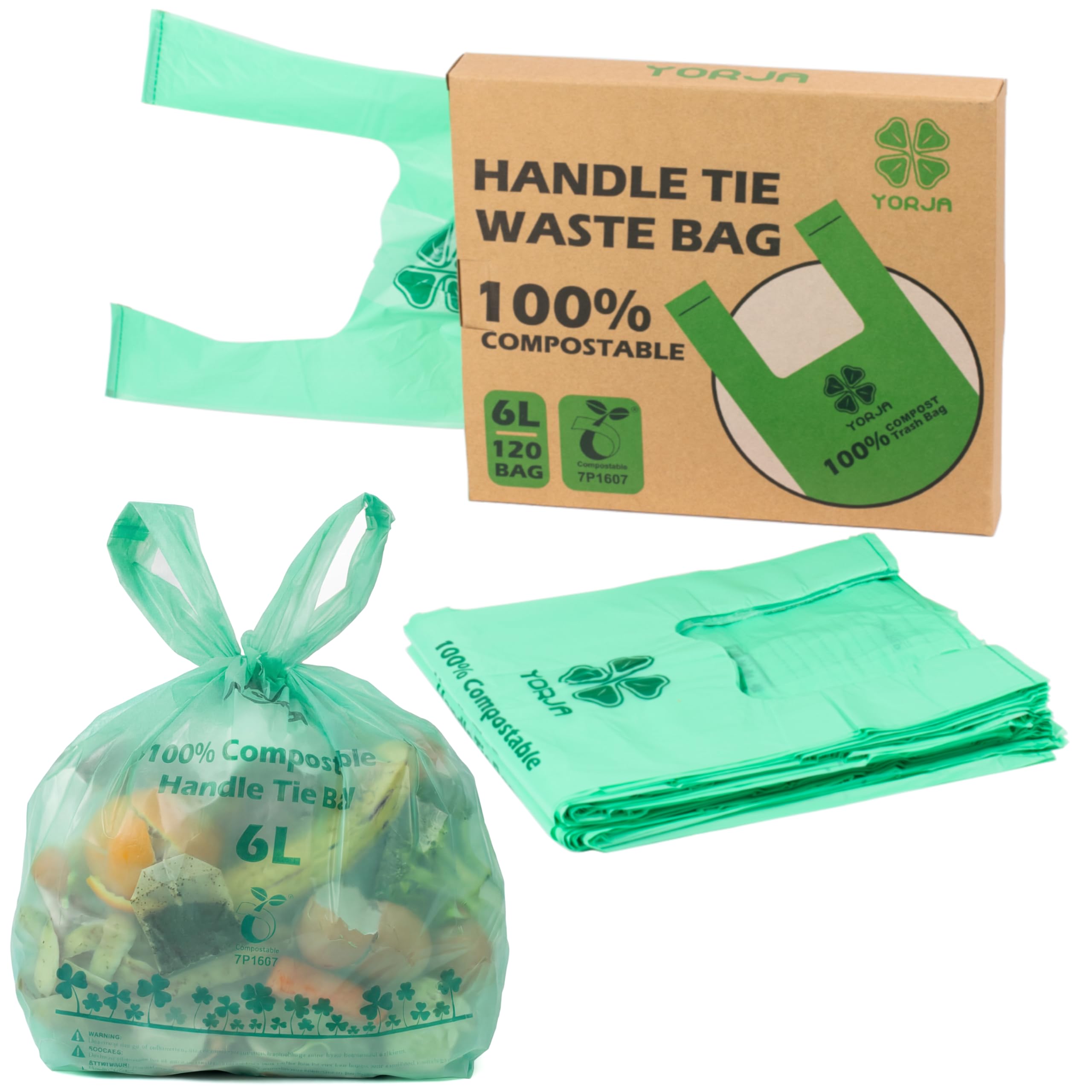 Photo 1 of YORJA 1.6 Gallon Tie Handles Compost Trash Bags 120 Food Scrap Bags, Compostable Kitchen Waste Bags with Europe EN13432 & ASTM D6400 Certified