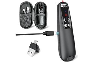 UBUYONE Rechargeable Presentation Clicker with Case, Power Digital Display Wireless Presenter Remote, USB C Red Light Pointer Computer PowerPoint PPT Clickers for Mac Laptop, Slideshow Google Slide Advancer