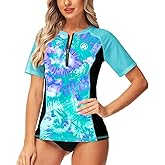 AOBUTE Women Zip Rash Guard UPF 50+ Gradient Short Sleeve Swim Top Surf Shirts