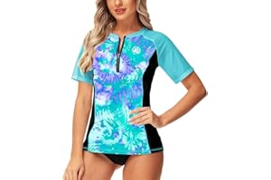 AOBUTE Women Zip Rash Guard UPF 50+ Gradient Short Sleeve Swim Top Surf Shirts
