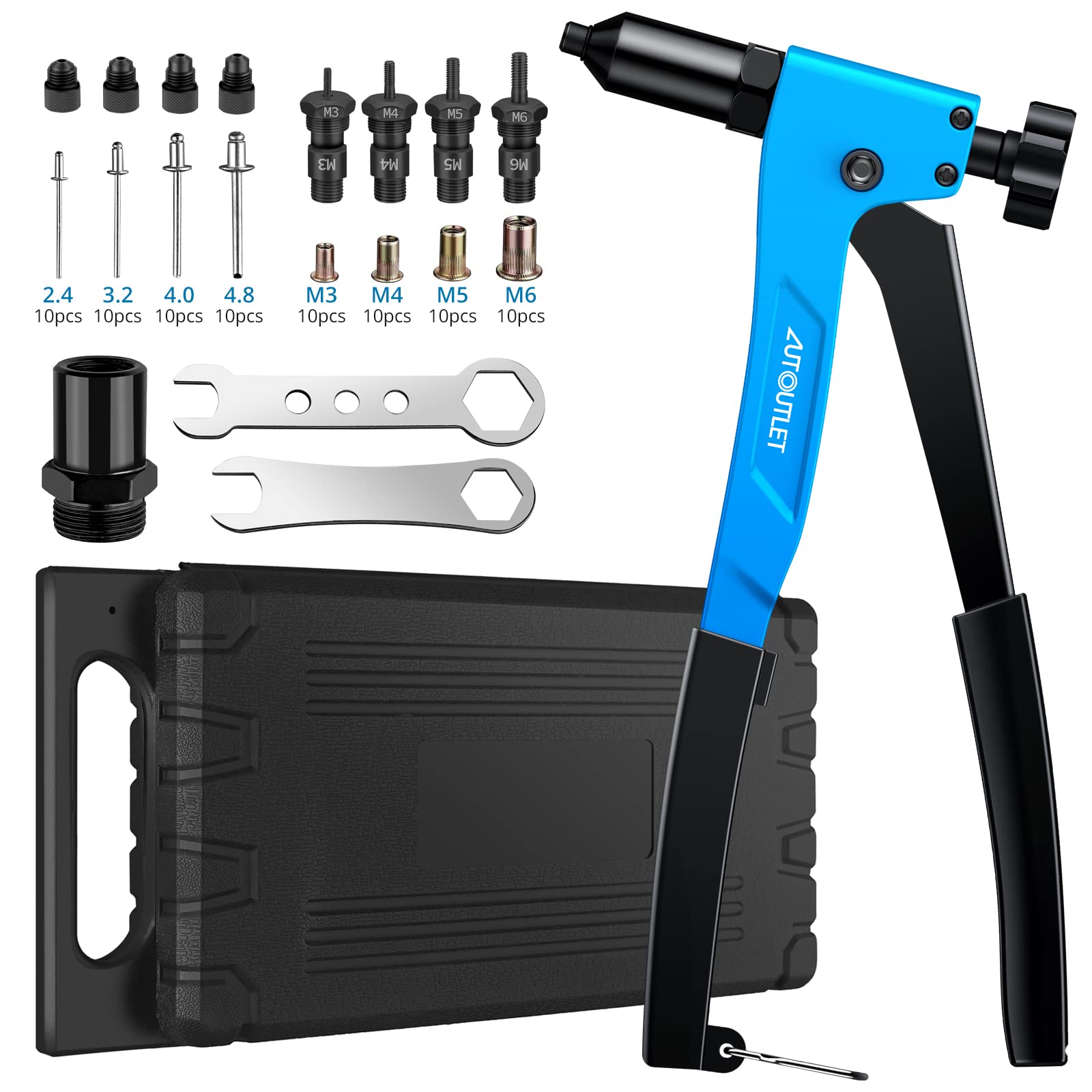AUTOUTLET 2-in-1 Rivet Nut Pliers and Blind Riveter Set, 10“ Professional One-Handed Rivet Nut Tool with M3-M6 Metric Mandrel & 2.4-4.8 mm Rivet Heads (Includes 40x Rivet Nuts & 40x Blind Rivets)