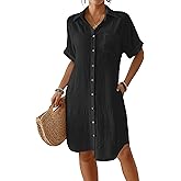 Bsubseach Womens Swimsuit Coverup Long Button Down Bathing Suit Cover Ups Short Sleeve Summer Beach Shirt Dress with Pockets