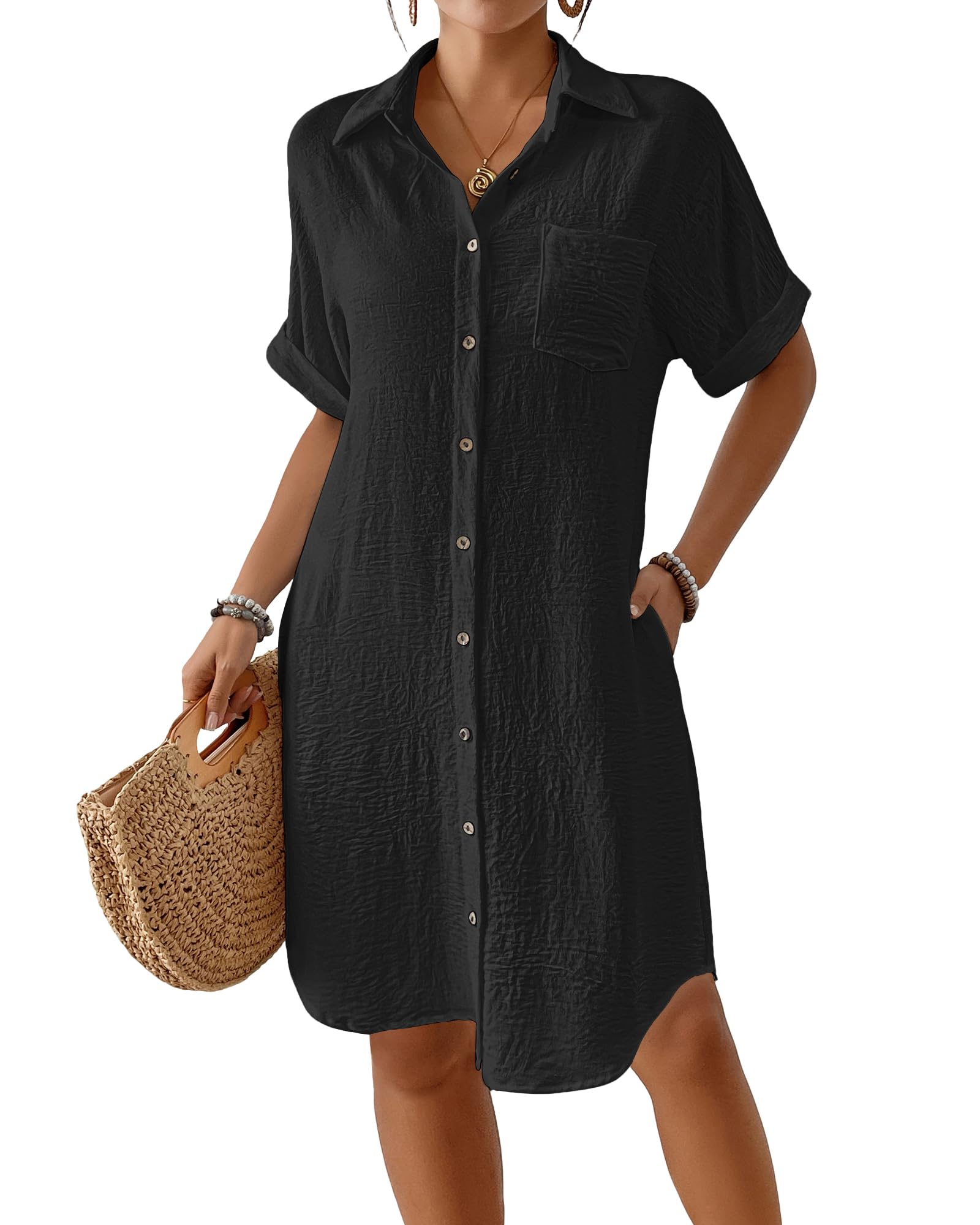 Photo 1 of Bsubseach Womens Swimsuit Coverup Long Button Down Bathing Suit Cover Ups Short Sleeve Summer Beach Shirt Dress with Pockets Black XL