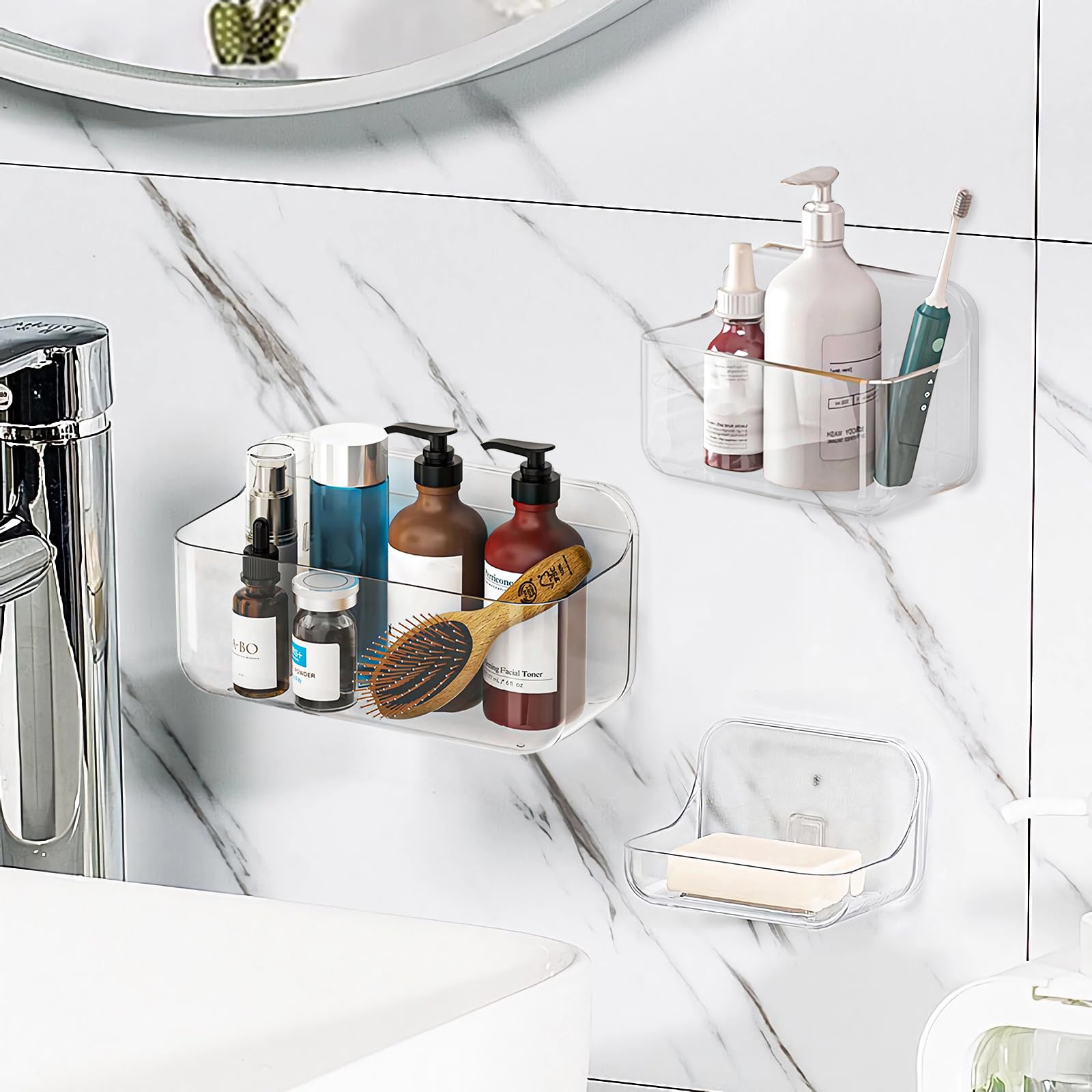 Diesisa 3pc Acrylic Wall Mount Organizer, Adhesive Clear Shower Caddies ...