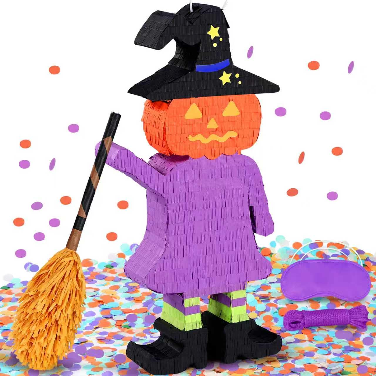 Photo 1 of Large Witch Pinata (24.4 X 12.4 X 3 In) | Pumpkin Halloween Piñata - Trick-or-Treating Party Kit with Stick, Blindfold, Rope for Kids' Party & Spooky Theme Celebrations