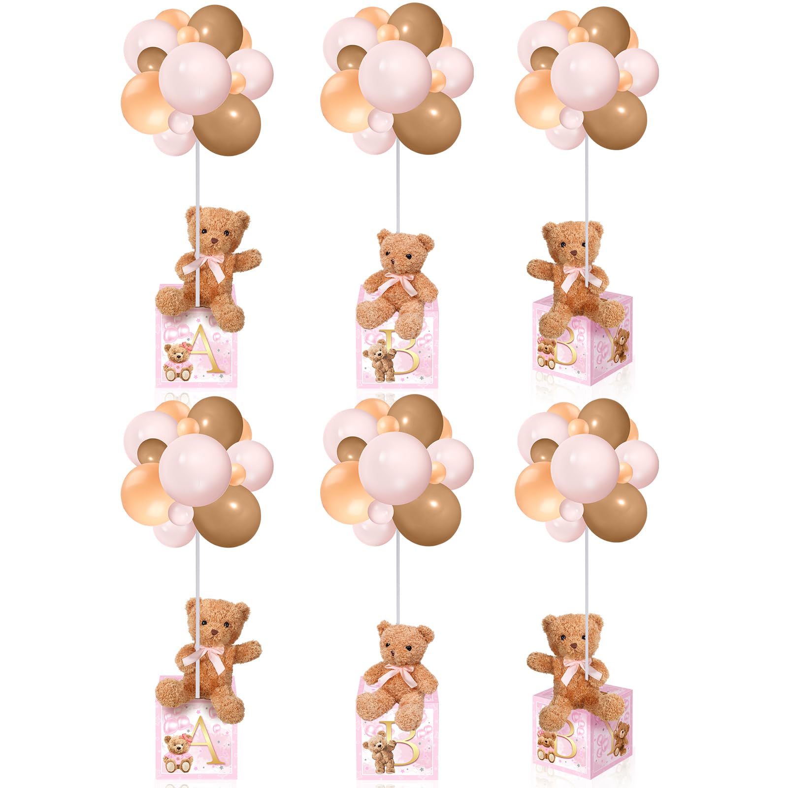 Photo 1 of *ONLY 3 BEARS* Lenwen 3 Sets Pink Bear Decorations for Baby Shower, Baby Letter Boxes Baby Shower Table Centerpieces Bear Stuffed Animals Balloon with Stand Bear Plush Toy Baby Boxes for Birthday Party Wedding