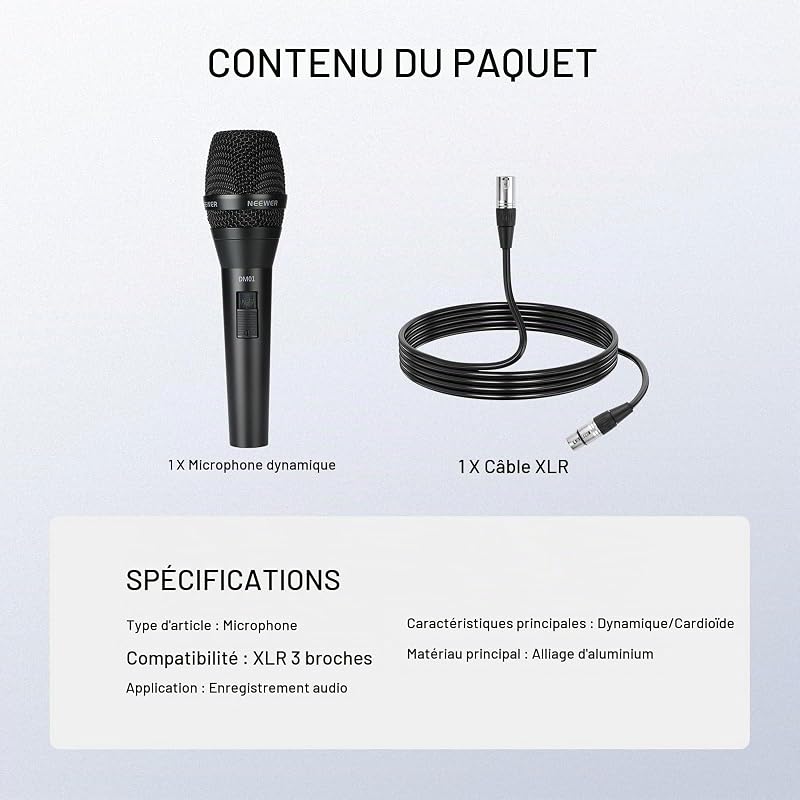DM01 Microphone Dynamique Cardioïde avec Câble XLR pour Podcast,Chant,PC,Jeux,Streaming,Studio,Chant,Discours,Performances en Direct,Impédance 600Ω+/- 30%,Plage de fréquences 100Hz-10KHz