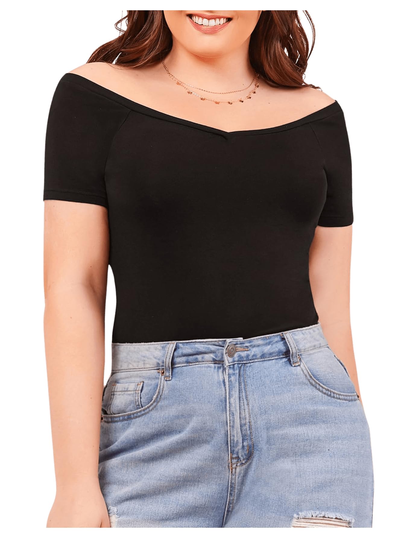 Photo 1 of Floerns Women's Plus Size Basic Off Shoulder T-Shirt Top A Black 2XL