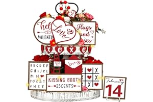 FairySandy 16 Pcs Valentine’s Day Heart Tiered Tray Decor Valentine Tiered Tray Decorations Set Romantic Sweet Valentine Heart Love Valentine Wooden Sign for Love Theme Parties
