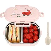 Niiyen Lunch Box for Kids, 2 Compartments Pink Food Lunch Containers Portable 304 Stainless Steel Salad Box with Spoon for Office School Picnic 720ml/ 24Oz