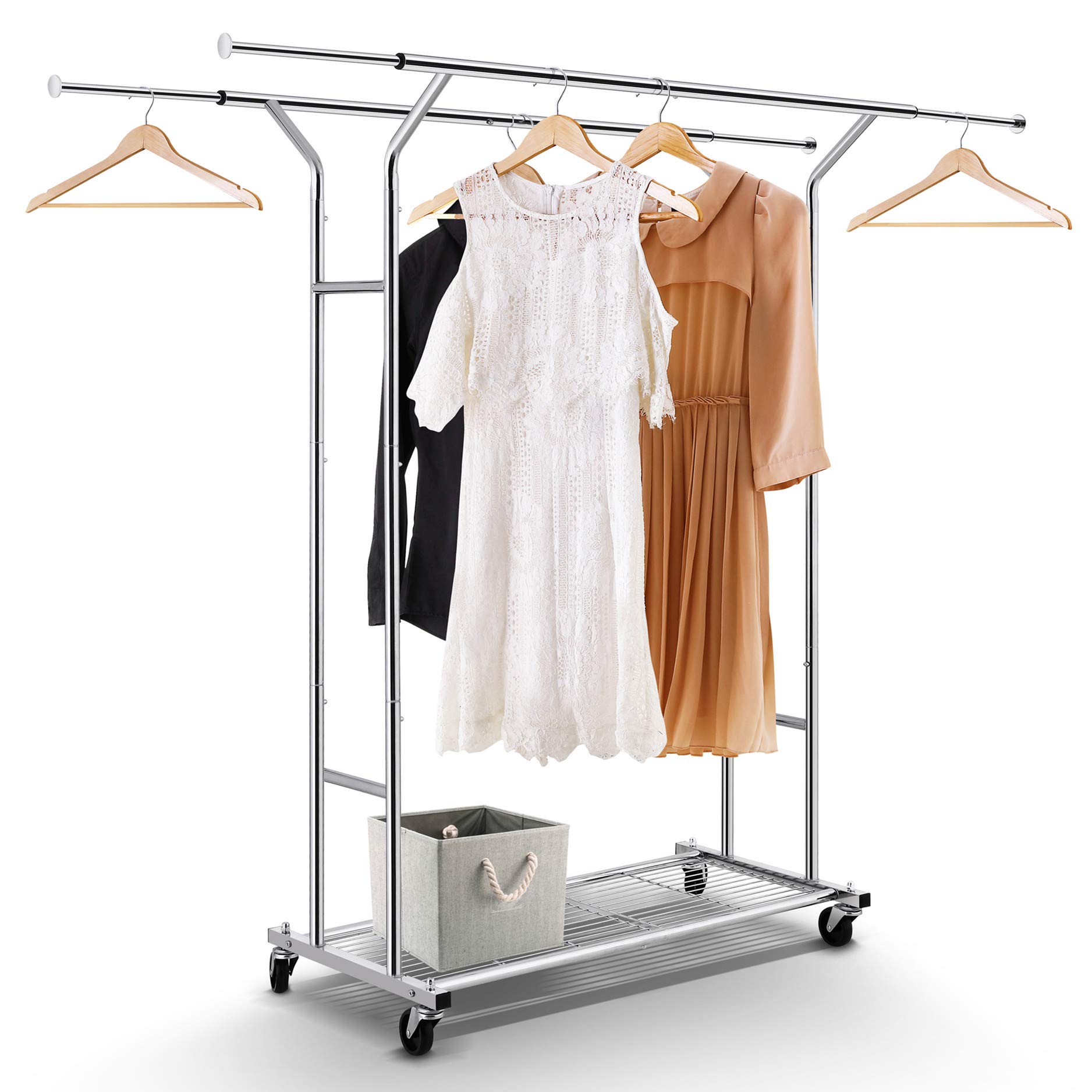 Simple Trending Double Rail Clothing Garment Rack, Heavy Duty Commercial Grade Rolling Clothes Organizer with Wheels and Bottom Shelves, Holds up to 250 lbs, Chrome