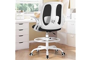 Razzor Drafting Chair Tall Ergonomic Office Chair with Adjustable Lumbar Support, Stand Stool High Office Desk with Footrest Ring, Executive Computer Chair with Flip Up Armrests - White