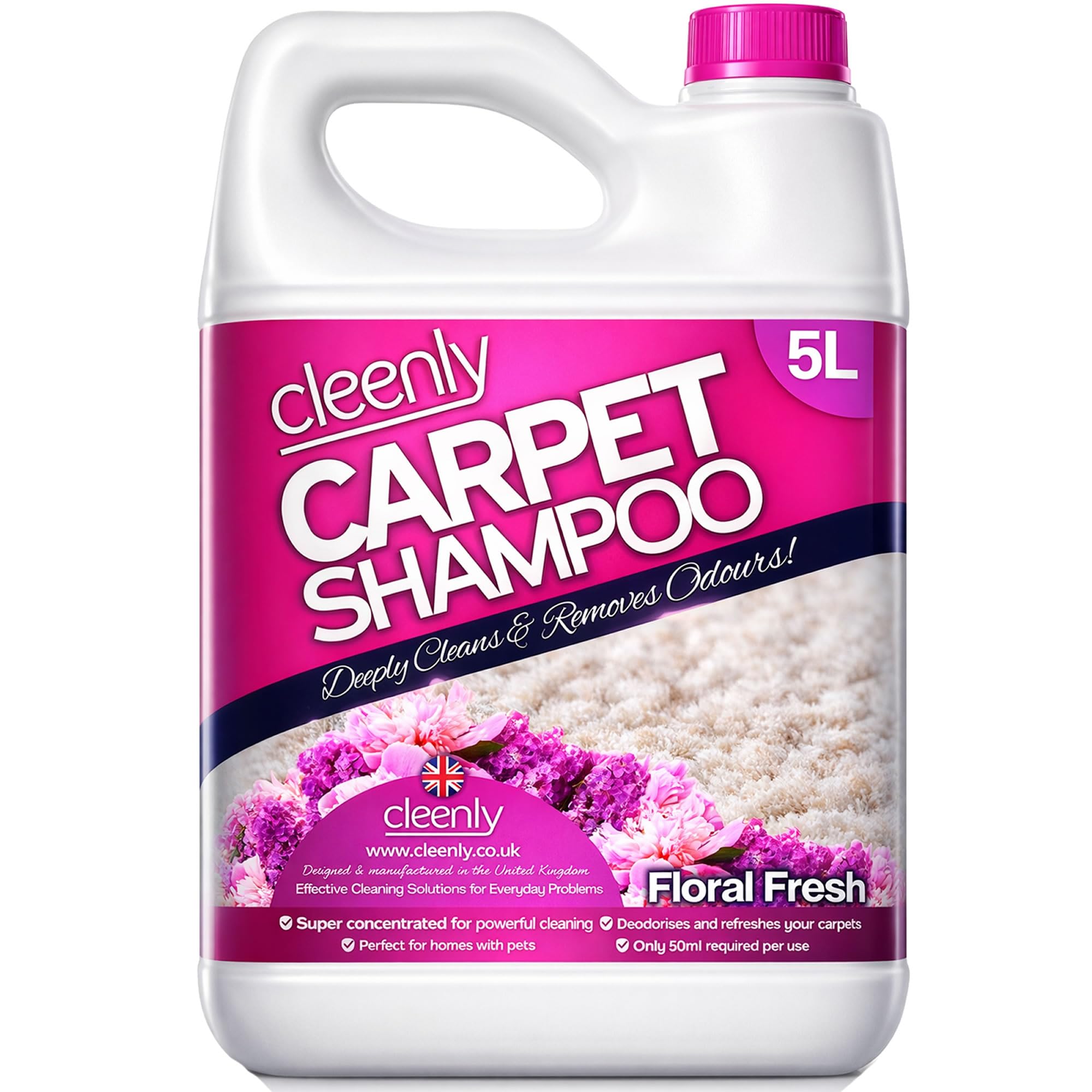 Cleenly Carpet Shampoo Cleaner Solution (5 litres) Safe for All Carpet Cleaning Machines - Effectively Removes Pet Odours, Floral Fresh