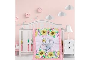 Cloele Crib Bedding Set for Baby Girls - 3 Piece Elephant Baby Bedding Set includes Pink Crib Skirt Crib Quilt Fitted Sheet - Sunflower Soft Nursery Comforter Bedding Set for Girls