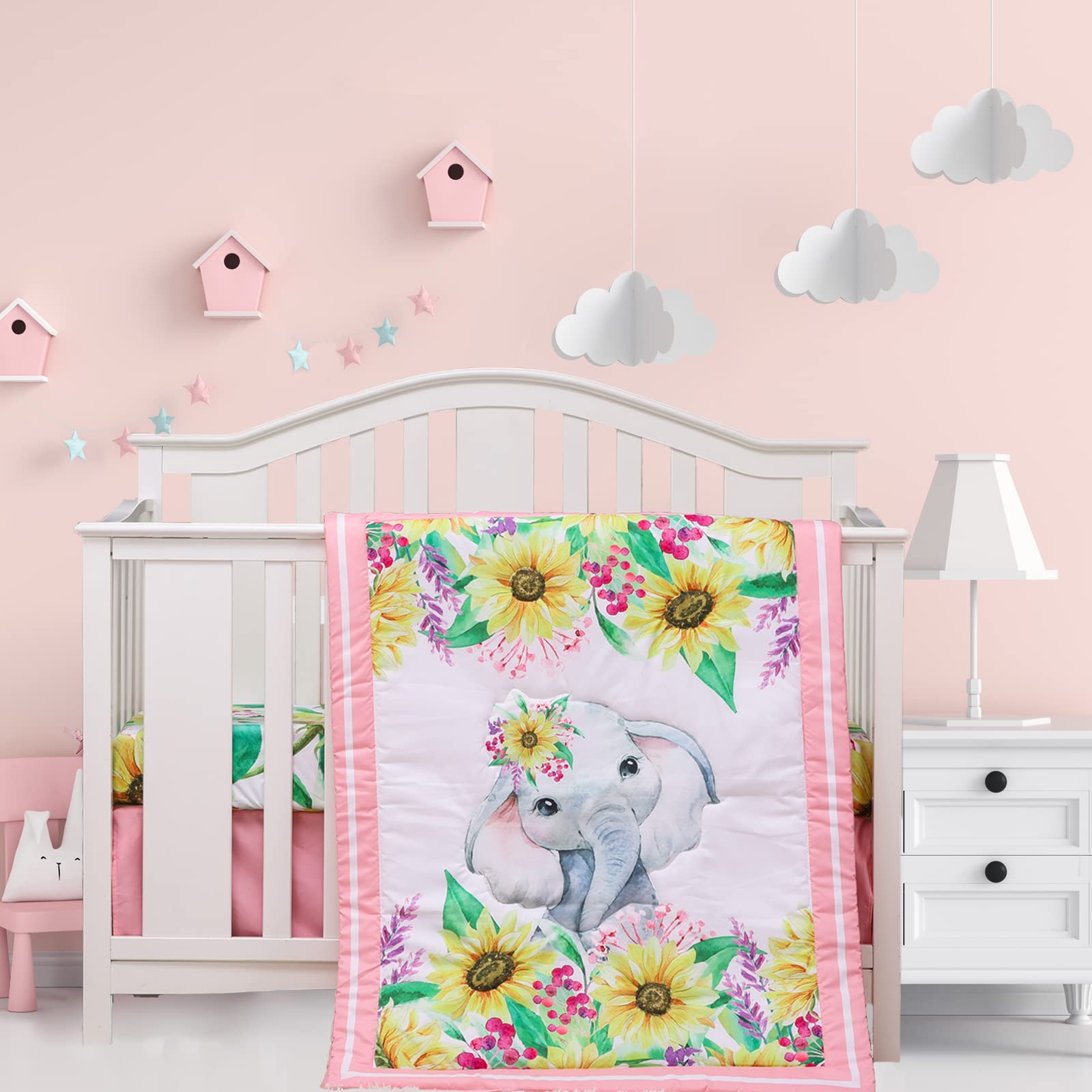 Cloele Crib Bedding Set for Baby Girls - 3 Piece Elephant Baby Bedding Set Includes Pink Crib Skirt Crib Quilt Fitted Sheet - Sunflower Soft Nursery Comforter Bedding Set for Girls Image