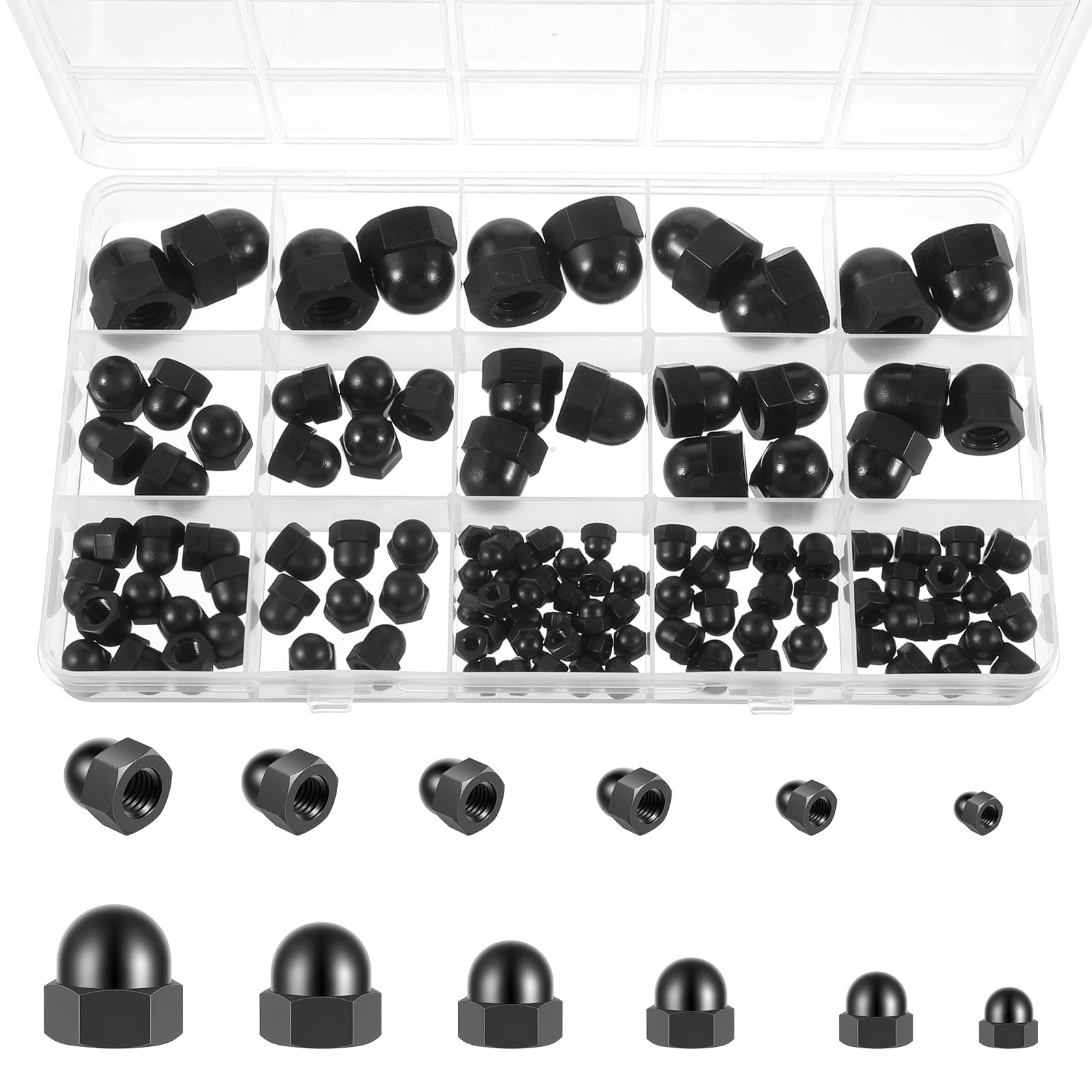 Photo 1 of 110 Pcs Bolt Caps Nylon Hex Acorn Cap Nuts Assortment Kit M3 M4 M5 M6 M8 M10 Bolt Cover Caps Black Screw Covers for Indoor Outdoor Protection