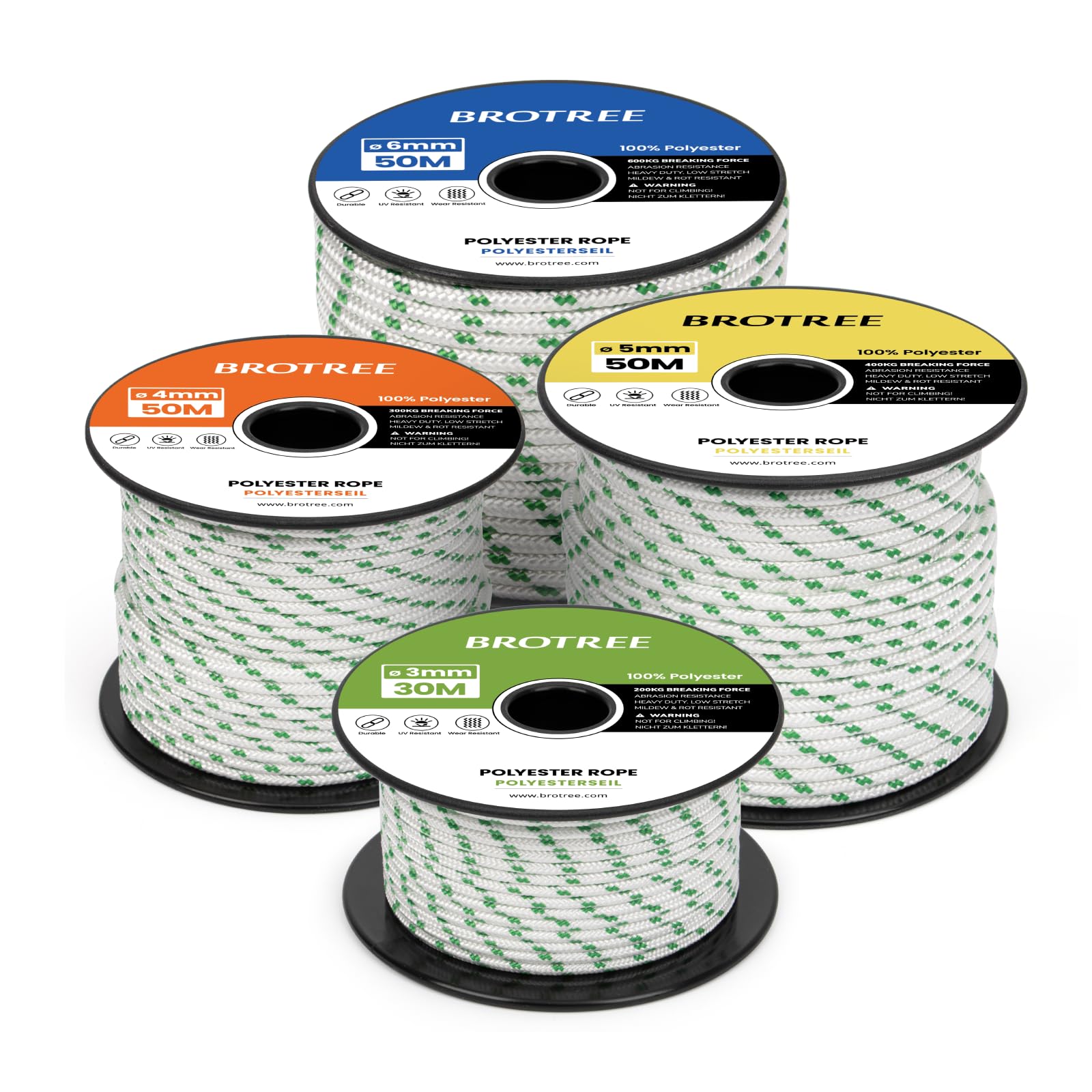 Brotree Braided Polyester Rope 3mm x 30m White/Green - Low Stretch Braided Polyester Cord for Marine, Boat, Mooring, Flagpole Halyard - 200KG Breaking Load