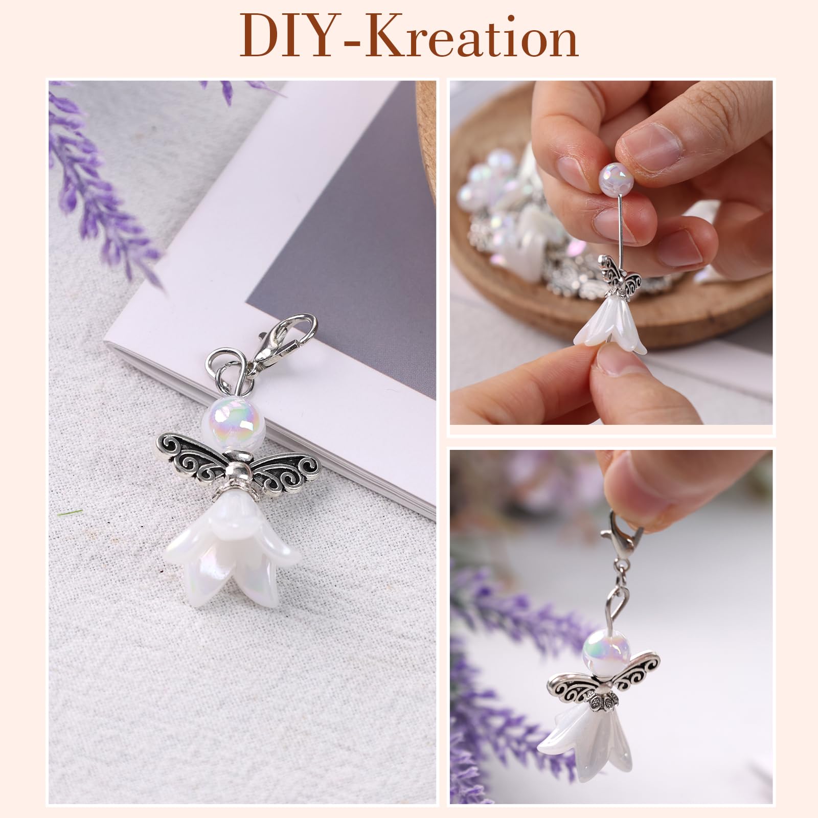 VGOODALL 50 Stück Schutzengel Selber Machen Set, Weiß Perlenengel Anhänger Basteln Charms Anhänger Perlen Engel Bastelset für DIY Basteln Charms Anhänger Schlüsselanhänger Engel