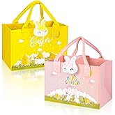 Ranfashiong 2 Pcs 11.8'' Easter Gift Bags for Kids Reusable Empty Basket with Handles, Bunny and Chicken Egg Hunt Tote Bags Made of Felt (Yellow Pink)
