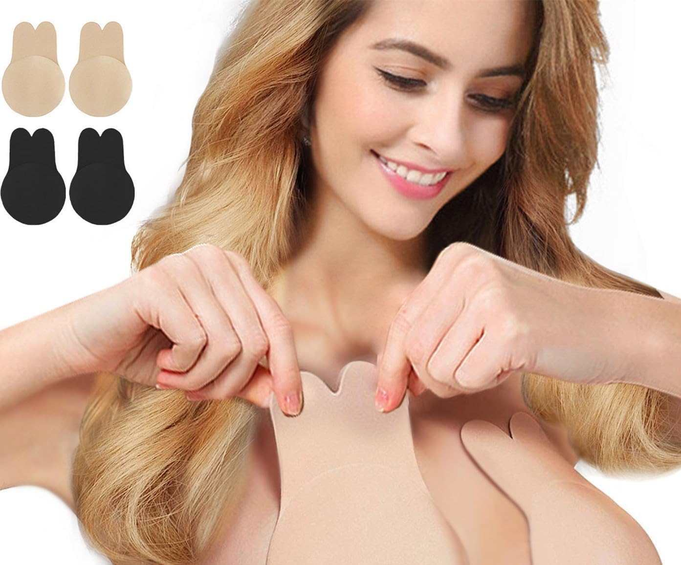 Photo 1 of Zacca Adhesive Bra, 2 Pairs Breast Lift Tape Lift Up Invisible Bra Nippleless Covers Sticky Bras Silicone Breast Lift Pasties (Beige/Black, C/D)