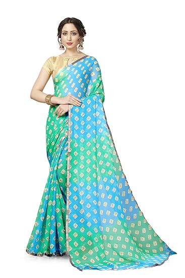 Womens Georgette Chiffon Blend Checkered Saree with Blouse Piece (Sky, Blue, Green)
