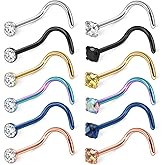 Ruifan 12PCS 18G Mix Color Stainless Steel Clear Diamond CZ Nose Studs Rings Screw Bend Piercing Jewelry 1.5mm 2mm 2.5mm 3mm