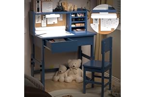 NKUGCFC Ergonomic Height Adjustable Childrens Study Desk with 2 Drawers, Kids Study Kids Art Table with Storage,Desk with 3-Color Lights, Blue Kids Desk and Chair Set for 5-18 Year Old-h510