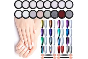 Artdone 16 Jars Chrome Nail Powder Metallic Mirror Effect Pigment Chrome Iridescent Aurora Nail Glitter Mermaid White Pearl Glitter Dust Kit for Gel Polish Nail Art Decoration, Resin Craft