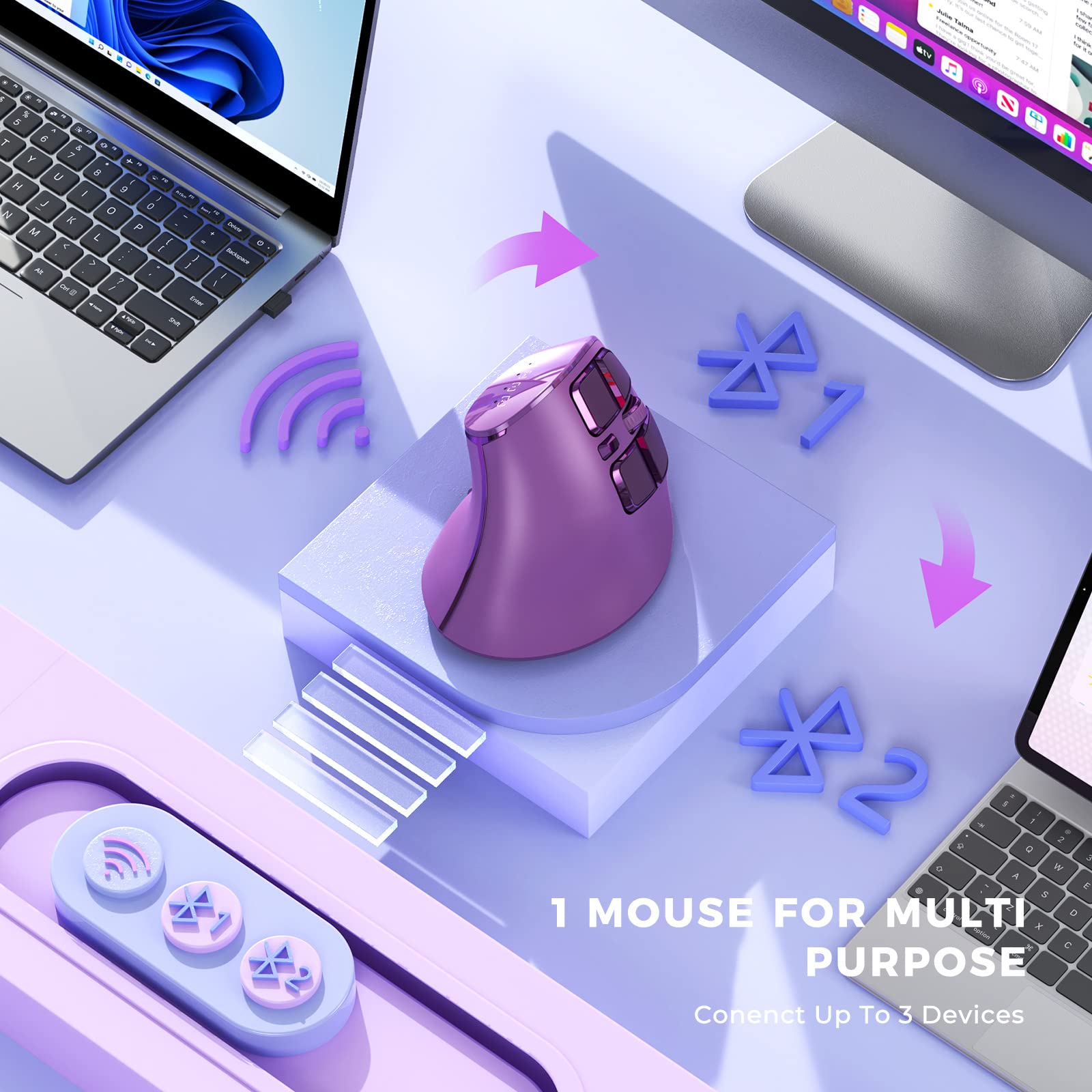seenda Ergonomic Mouse, Wireless Vertical Mouse - Rechargeable Optical Mice for Multi-Purpose (Bluetooth+Bluetooth+USB Connection) Compatible Apple Mac and Windows Devices - Purple