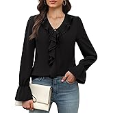 Funlingo Women's Long Sleeve Tops Dressy Casual V Neck Ruffle Tunic Chiffon Blouse Fall Trendy Work Shirts