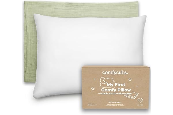 Comfy Cubs Toddler Pillow with Muslin Pillowcase, 33 x 46 cm - Small Pillow for Sleeping and Travel - Breathable with Soft Mi