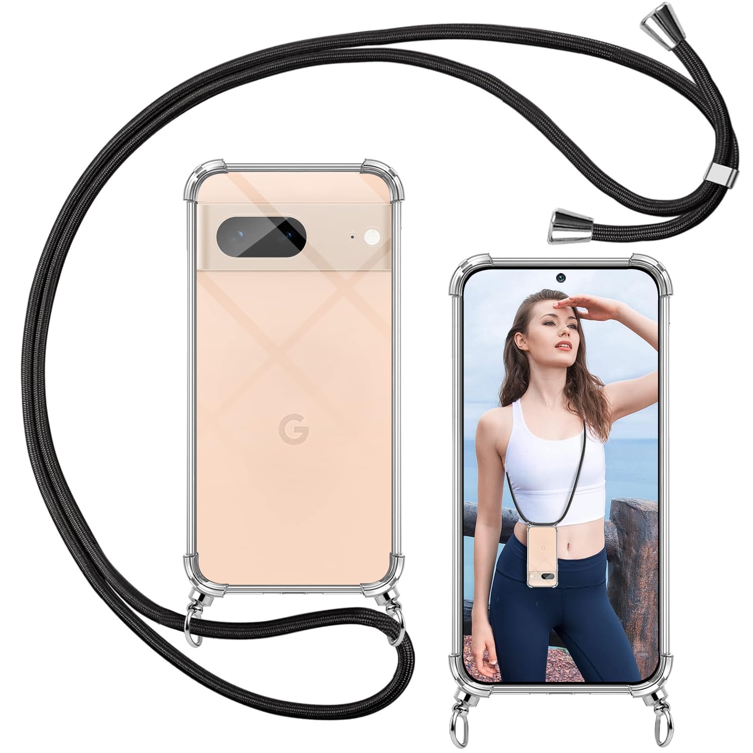 ISOI - Case with Rope for Google Pixel 8, Adjustable Pendant Necklace Chain Neck Strap, Transparent Soft TPU Silicone Lanyard Case, with Shockproof Airbag Bumper - Black