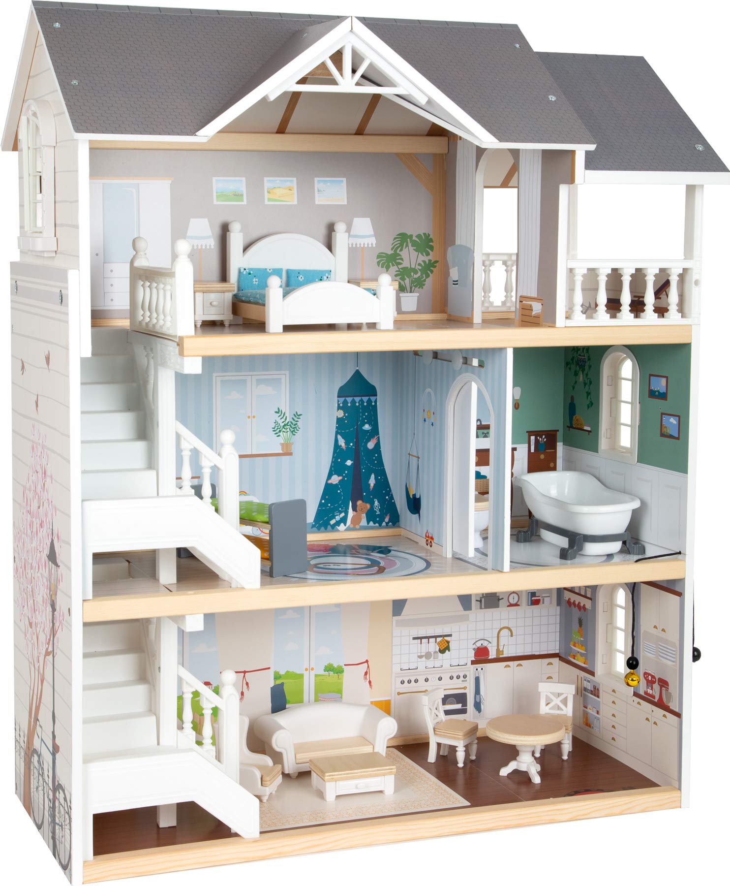 Small Foot 11802 Wooden Doll's House with 3 Floors, Open Front and Extensive Furniture, from 3 Years Toys, White Grey, 82 x 51.1 x 15 cm