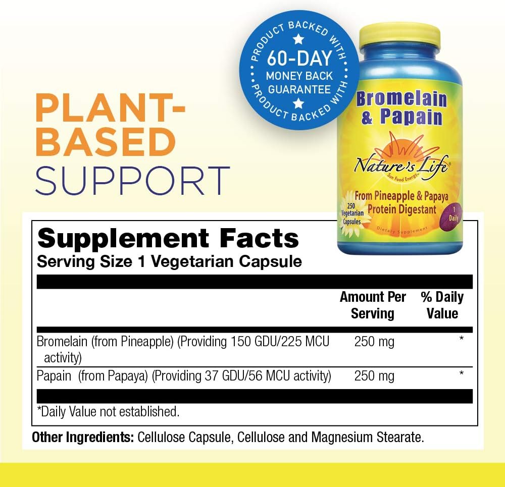 Natures Life Bromelain & Papain | Proteolytic Enzymes for Digestive Support & Comfort | from Pineapple & Papaya | 250mg Ea | 100 Vegetarian Capsules: Health & Personal Care