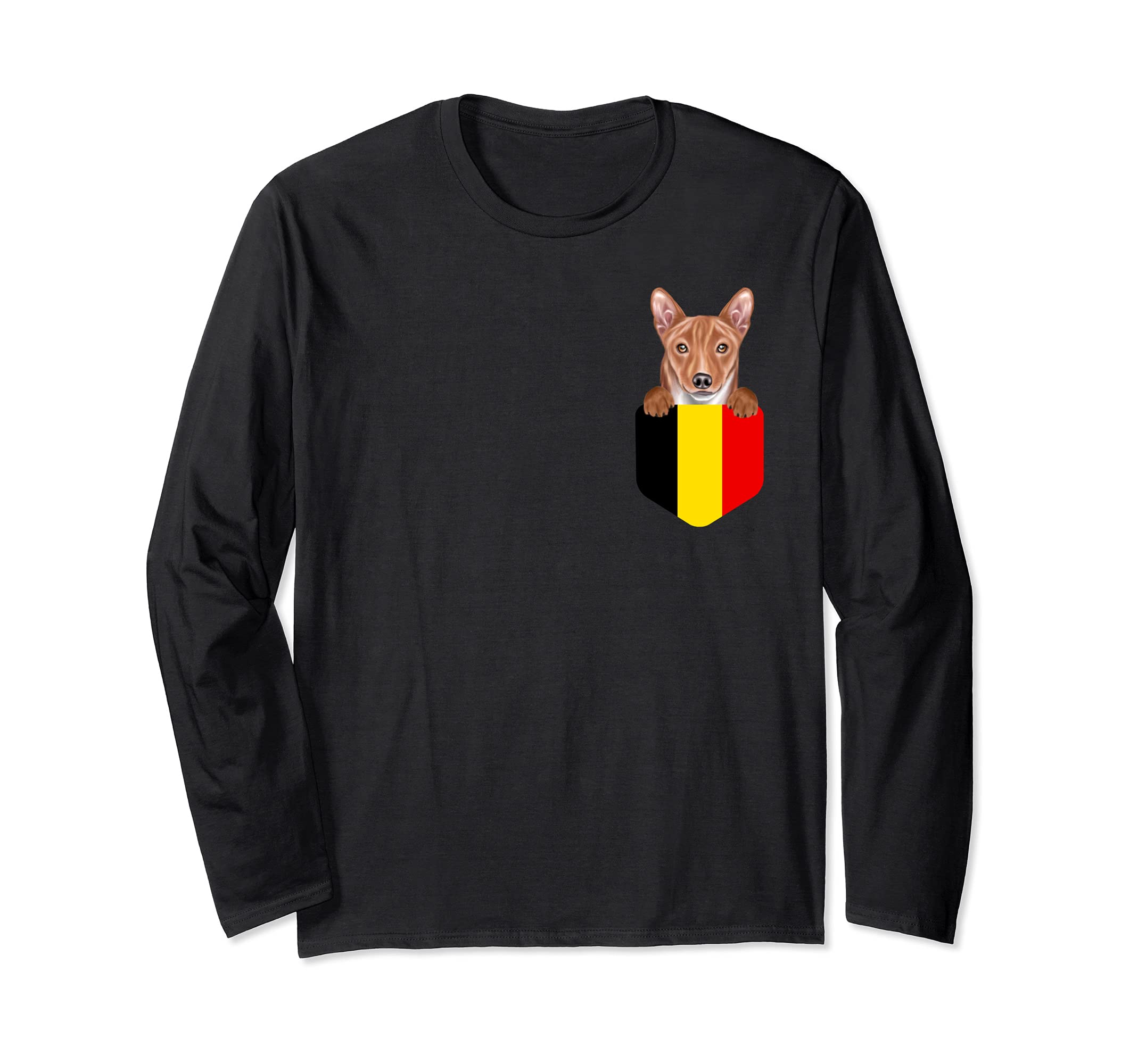 Belgium Flag Basenji Dog In Pocket Long Sleeve T-Shirt