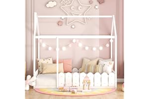 Harper & Bright Designs Twin Floor Bed for Kids, Wood Montessori Floor Bed Twin with Fence-Shaped Rails, Twin Size House Bed for Girls, Boys(Twin,White)