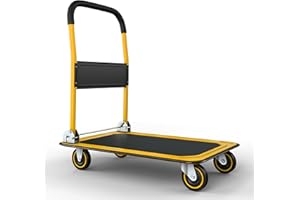 LIFETIME APPLIANCE PARTS Heavy Duty Foldable Push Cart Dolly | 330 lbs. Capacity | Upgraded Collapsible Hand Truck Folding Platform with Swivel Wheels | Flat Bed Moving Wagon | Space Saving Push Handle (Yellow)