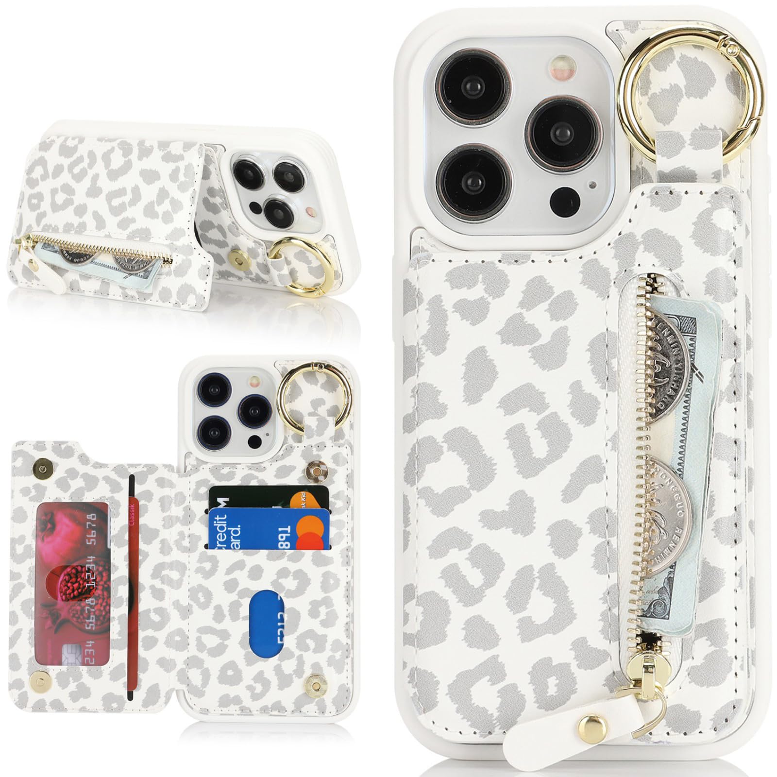Zouzt Case for iPhone 15 Pro Max 6.7 Inch, Wallet Case with Credit Card Holder Slot, Premium PU Leather Key Ring Zipper Shockproof Protective Phone Cover for Men Women - White Leopard