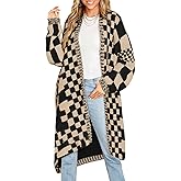 Saodimallsu Womens Checkered Long Cardigans Chunky Oversized Open Front Batwing Sleeve Color Block Knit Sweater Coats