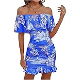 Floerns Women's Off Shoulder Ruffle Trim Short Sleeve Tropical Print Bodycon Dress